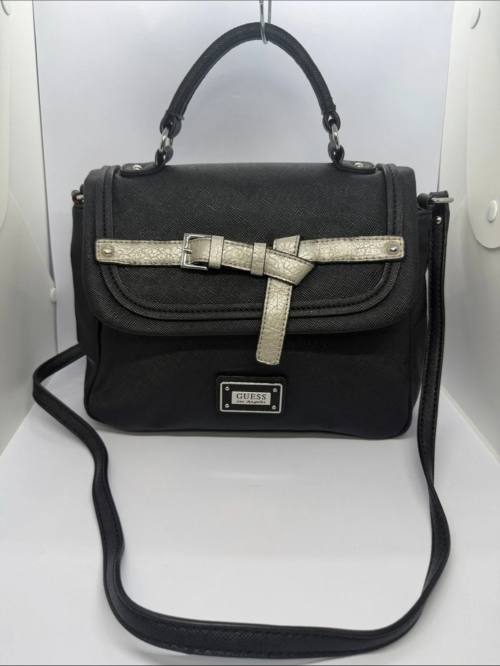 GUESS Black Satchel with Silver Metallic Strap Accent